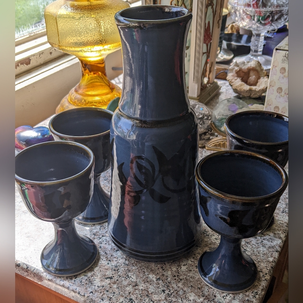 One Of A Kind Handmade  Blue Ceramic Decanter and Goblet Set